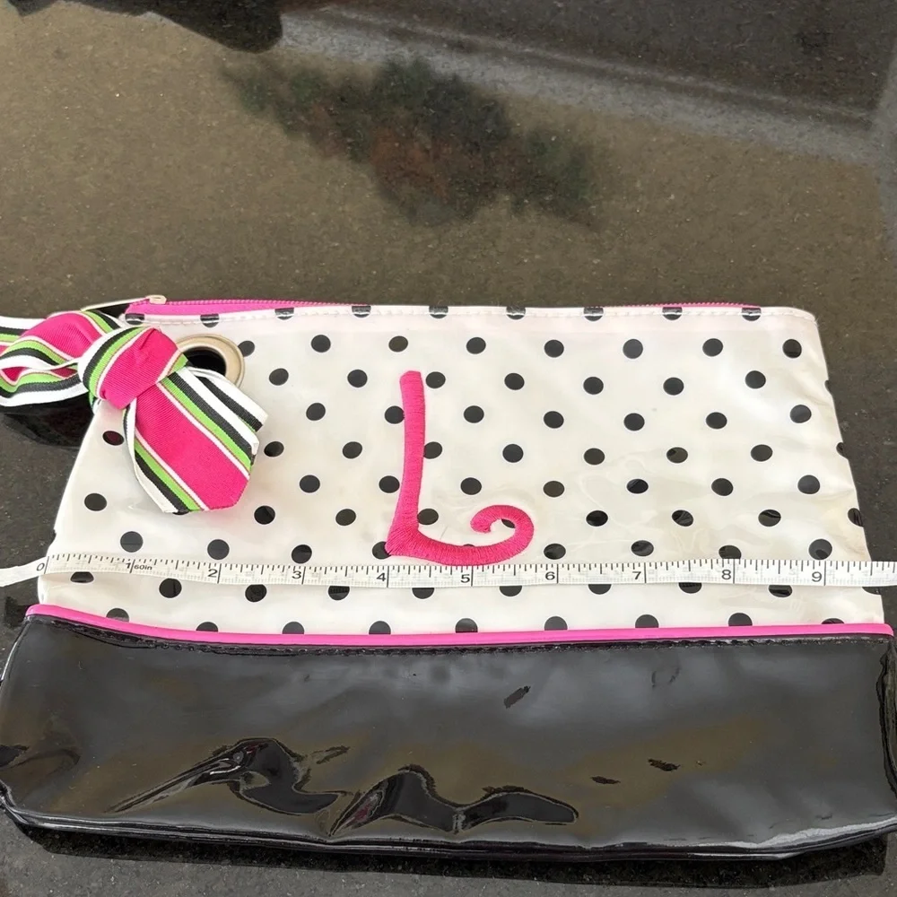 Mud Pie Black & White All PVC Polka Dot Cosmetic Bag Clutch Monogramed Pink “L”